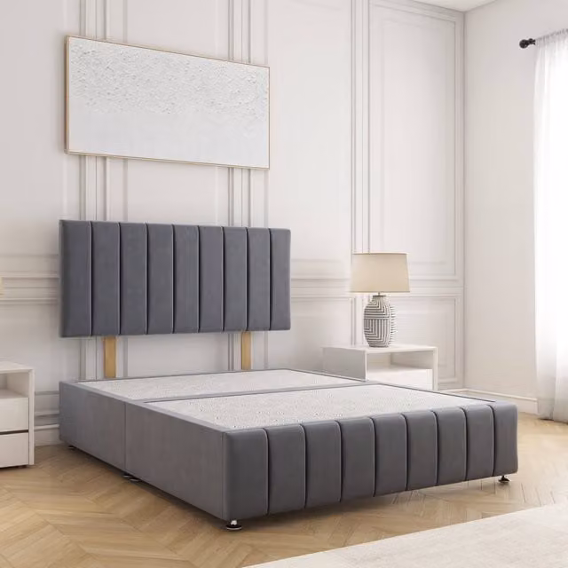 BSSPOKE Sierra King Size Divan Bed Frame with 24 inch Plush Velvet Headboard in Charcoal Grey, W/D/H: 180 x 200 cm