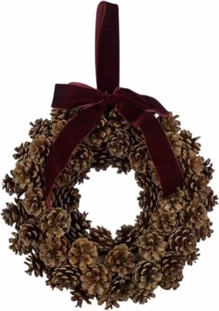 Four Candle Brown Pinecone Wreath with Bow, Diameter: 34 cm