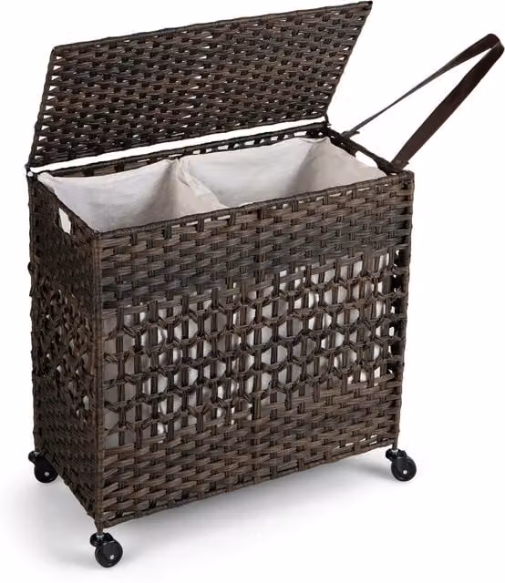 Costway 110L 2-Section Laundry Hamper with Lid and Wheels in Brown