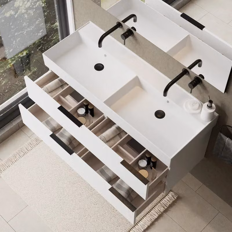 Banyetti Celtic Wall Hung Bathroom Vanity Unit with Veneto 0 Tap Hole Basin, Gloss White, W: 120 cm, D: 45 cm, H: 48 cm – 3