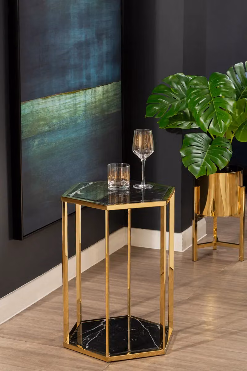 Orsina Black Marble Top and Gold End Table with Geometric Design, W/D/H: 46 x 46 x 60 cm – 2