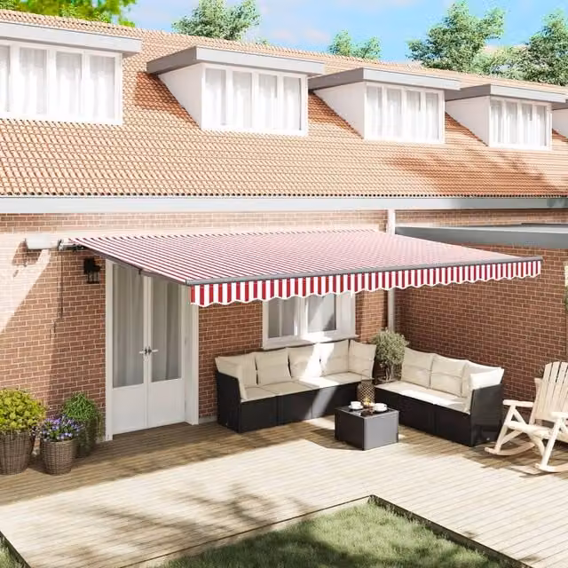 Berkfield Home Manual Retractable Wall-Mounted Awning with LED, Red and White Stripes, W: 500 cm, D: 300 cm – 1