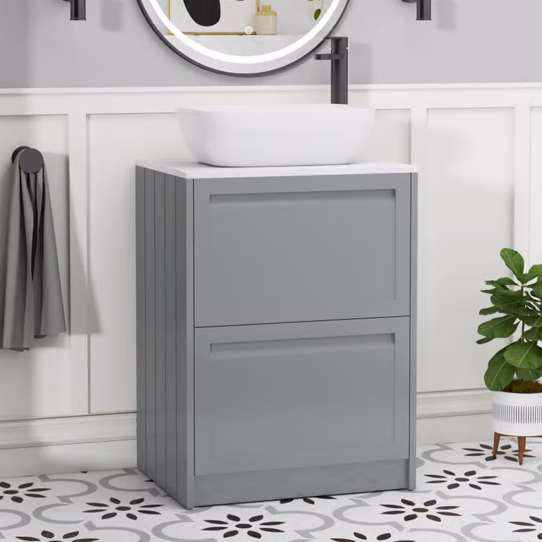 Royal Bathrooms Elmore 600mm Matt Pebble Grey Floor Standing Countertop Vanity Unit with 2 Drawers and Elva Basin