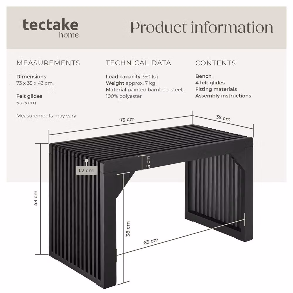 tectake Ribb Large Slatted Stool or Bench in Black with Bamboo Wood Design and 350 kg Weight Capacity – 6