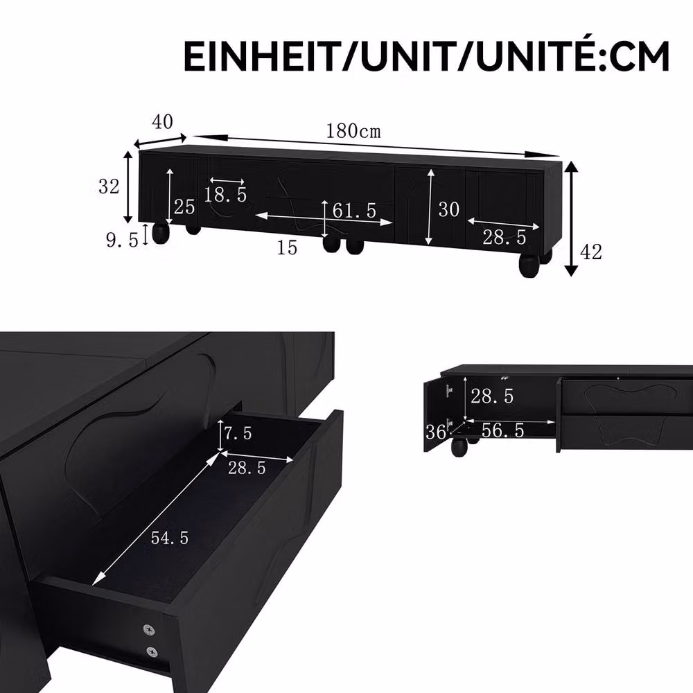 ModernLuxe Black Modern TV Unit with Storage Drawers and Wooden Legs, W: 180 cm, D: 40 cm, H: 42 cm – 3
