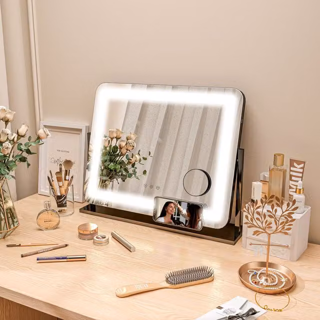 HOMCOM Black LED Tabletop Vanity Mirror with Magnifier, Dimmable Touch Control and USB Port