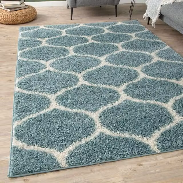 THE RUGS Moroccan Soft High Pile Shaggy Trellis Rug in Duck Egg Blue, W: 80 cm, L: 150 cm – 1