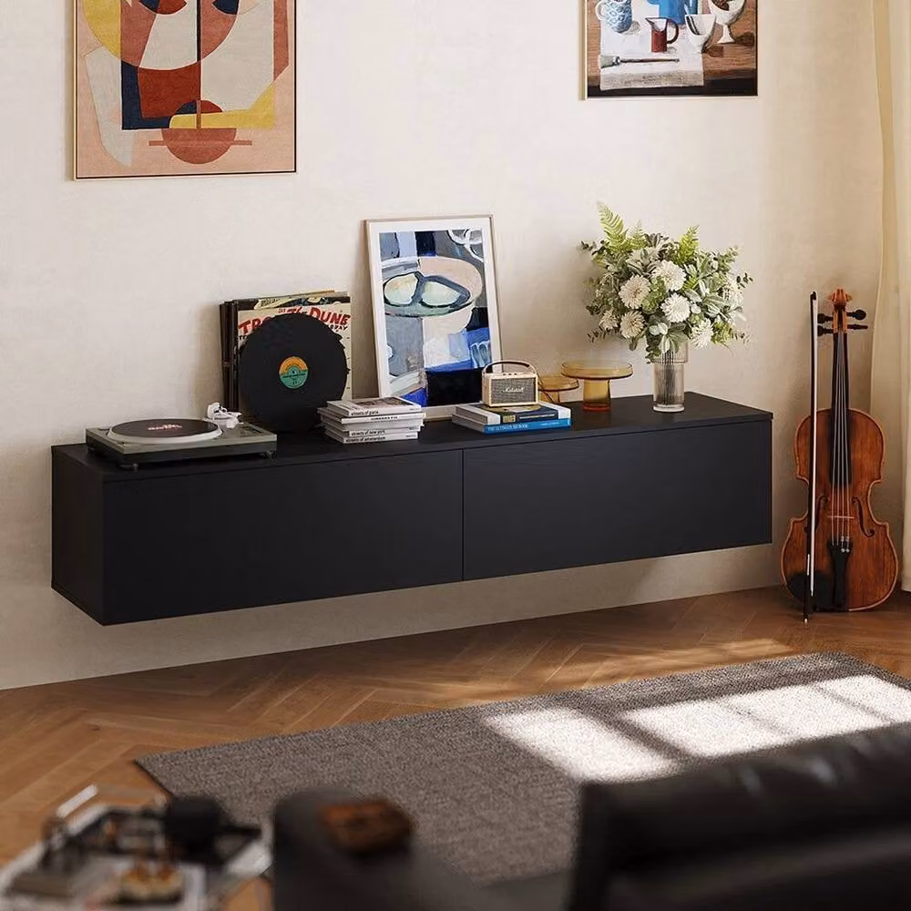 PAWNORA Modern Floating TV Cabinet Unit in Matt Black – 2