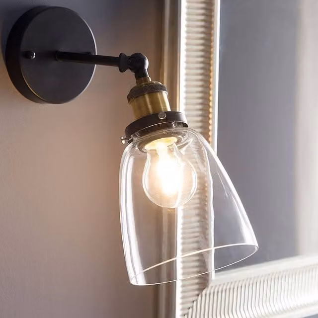 Wyld and Coco Adjustable Industrial Wall Lamp in Black Metal with Transparent Glass Shade