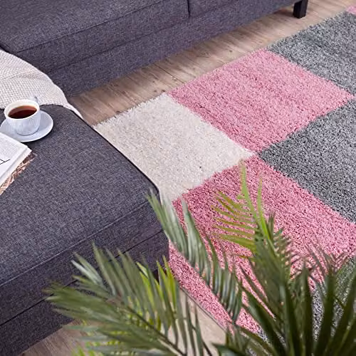 THE RUGS Modern Checked Shaggy Area Rug in Pink and Grey, W/D/H: 180 x 270 x 3 cm – 5