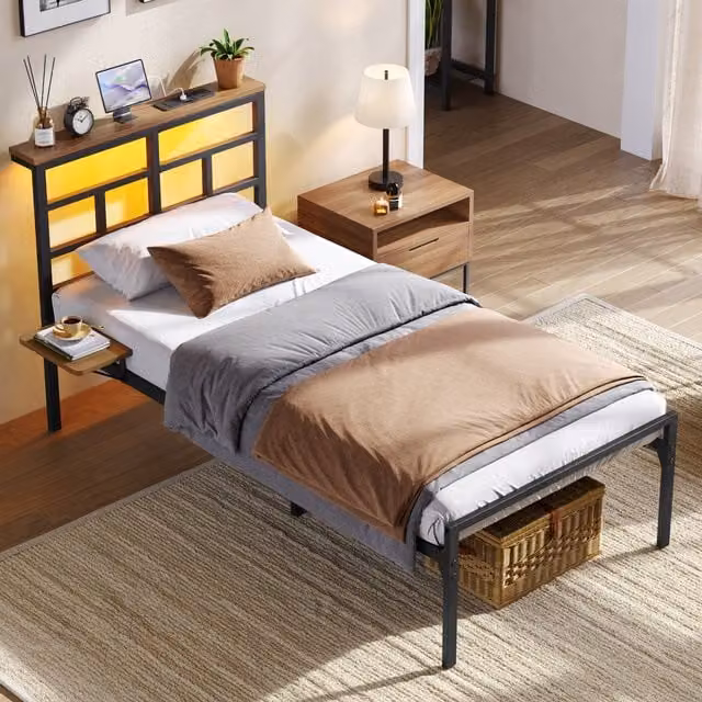 Yaheetech Single Metal Bed Frame with LED Headboard, USB Charging Station and Under-Bed Lighting in Black