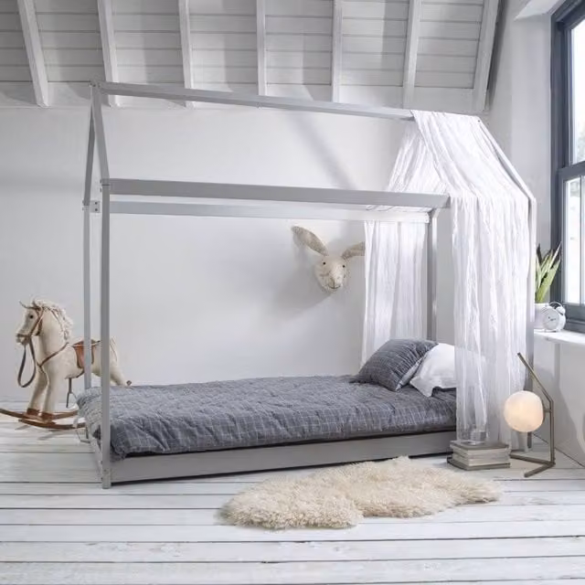 Nöa and Nani Kara Single 4 Poster Bed Frame in Silk Grey, Solid Pine Wood – 1