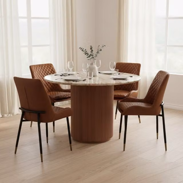 IH Design Ajmer Round Marble Dining Table, 4 to 6 Seater, Diameter: 100 cm, Tan