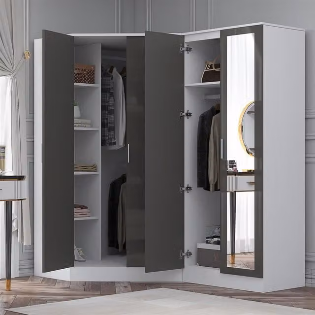 REFLECT Wardrobe Bundle featuring a 2 Door Corner Wardrobe and a 2 Door Mirror Wardrobe in Grey Gloss and Matt White