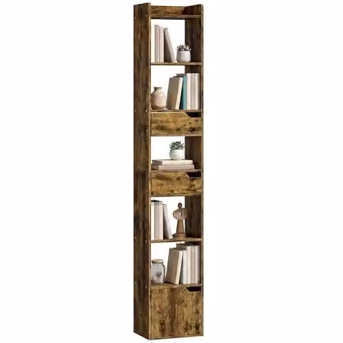 HOMCOM 5-Tier Bookcase with Drawers and Cabinet in Rustic Brown – 1