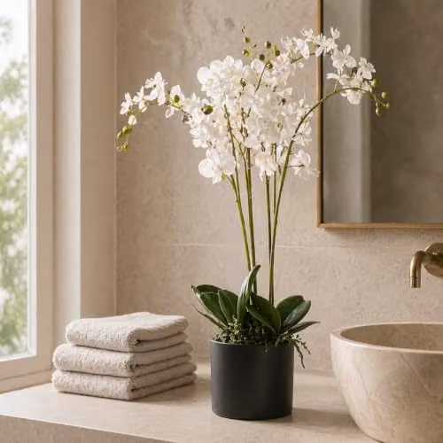 Leaf Design UK Realistic Artificial Orchid Flower Display in White Pot, Height: 60 cm – 2