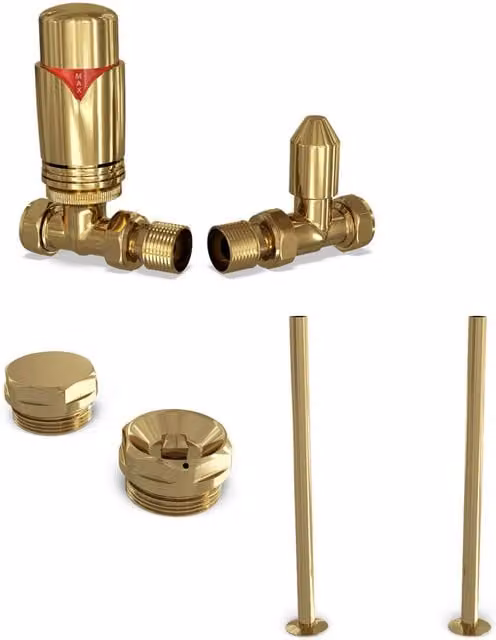 Derry Bold Polished Brass Angle Thermostatic Radiator Valve Installation Kit 1/2 inch