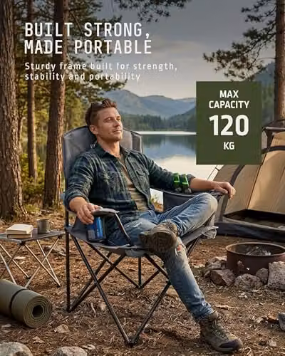 Voyager 2 Pack Folding Camping Chairs with Armrests and Cushions in Black and Grey – 5