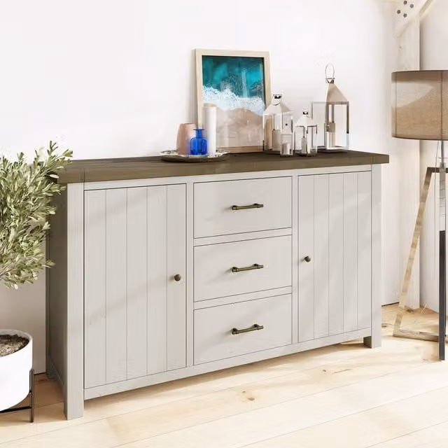 FWStyle Rustic Solid Reclaimed Pine Large Sideboard with 2 Doors and 3 Drawers in Brown and Grey