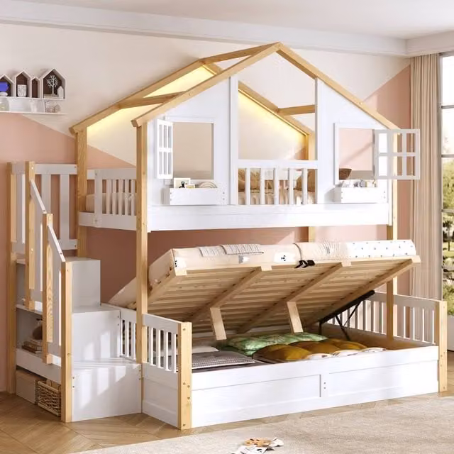 Matteo White Solid Wood House Bunk Bed with Storage Stairs and LED Lighting, Single Size (90 x 190 cm)