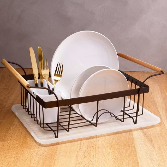 Orsina Vertex Bronze Powder Coated Steel Dish Drainer with Drip Tray, Cup Holder and Cutlery Holder in Brown and White