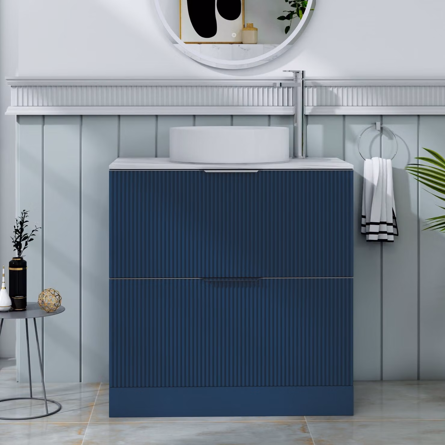 Royal Bathrooms Evora Midnight Blue Fluted Floor Standing Countertop Vanity Unit with 2 Drawers and Art Basin, Width: 80 cm
