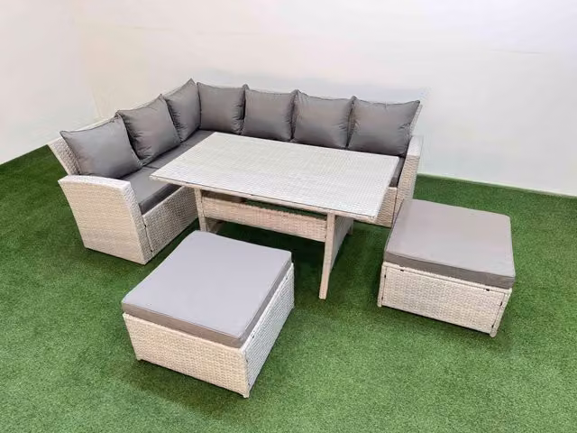 Fimous 8 Seater Rattan Garden Furniture Set with Dining Table and Big Footstools in Light Grey