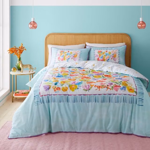Appletree Style Festival Reversible Floral Cotton Duvet Cover Bedding Set in Duck Egg Blue and Multicolour