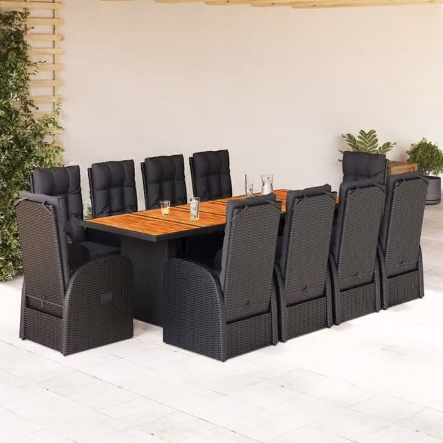 Berkfield Home 11 Piece Black Poly Rattan Garden Dining Set with Acacia Wood and Cushions