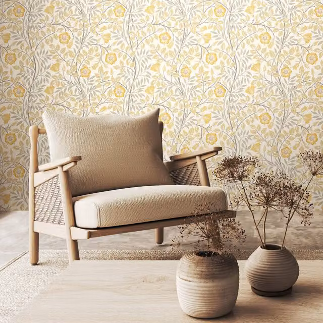 Hoopla Walls Rosehip Trail Scandinavian Floral Wall Art in Warm Natural Yellow Wood