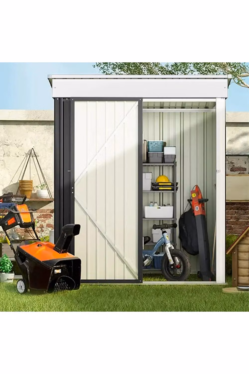 Living and Home Black Metal Pent Roof Garden Storage Shed with Lockable Single Door and Tool Shelving, W: 152.4 cm, D: 91.44 cm, H: 180 cm – 2