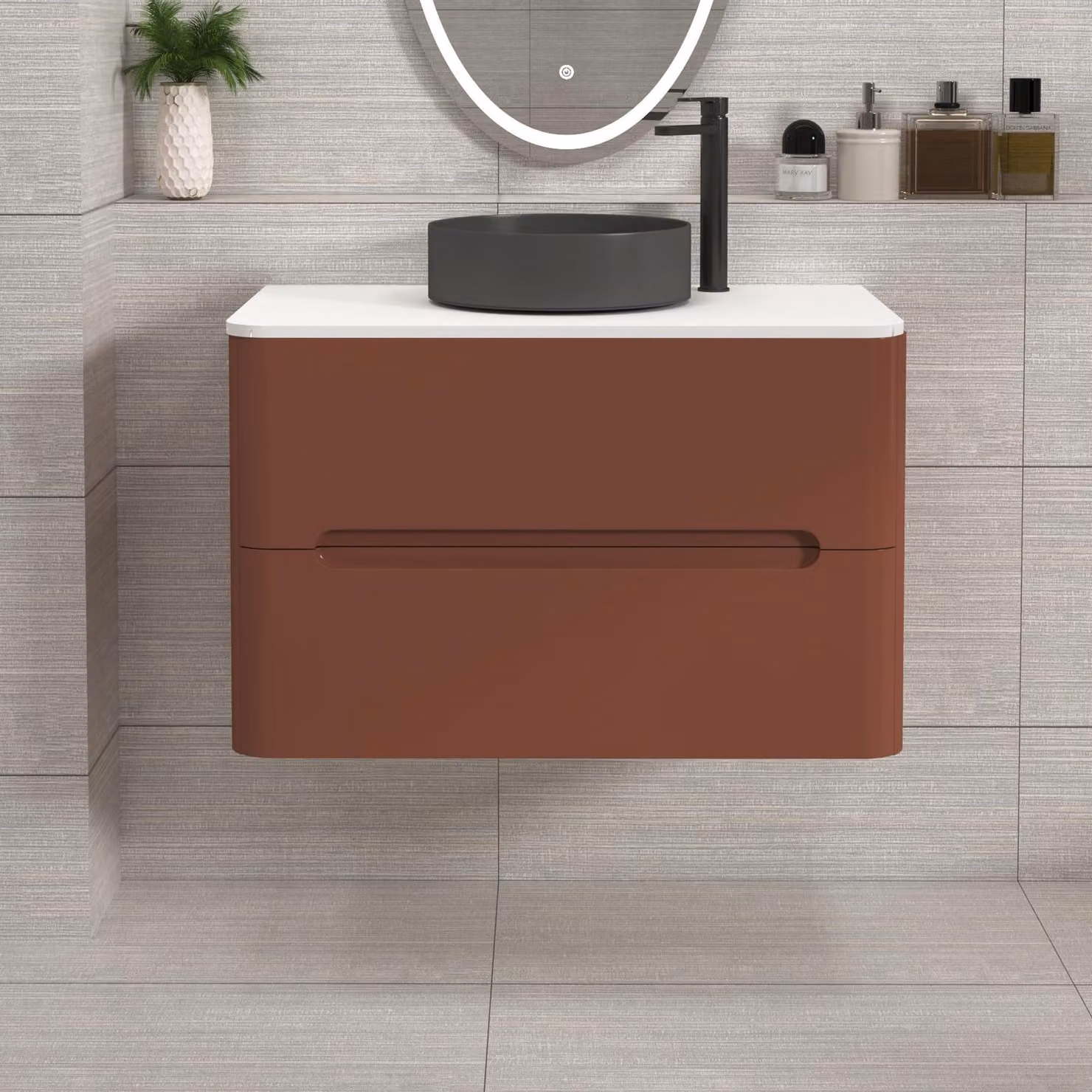 Royal Bathrooms Venice Wall Hung Vanity Unit in Terracotta Clay with 2 Drawers, Plain White Worktop and Art Deco Round Basin