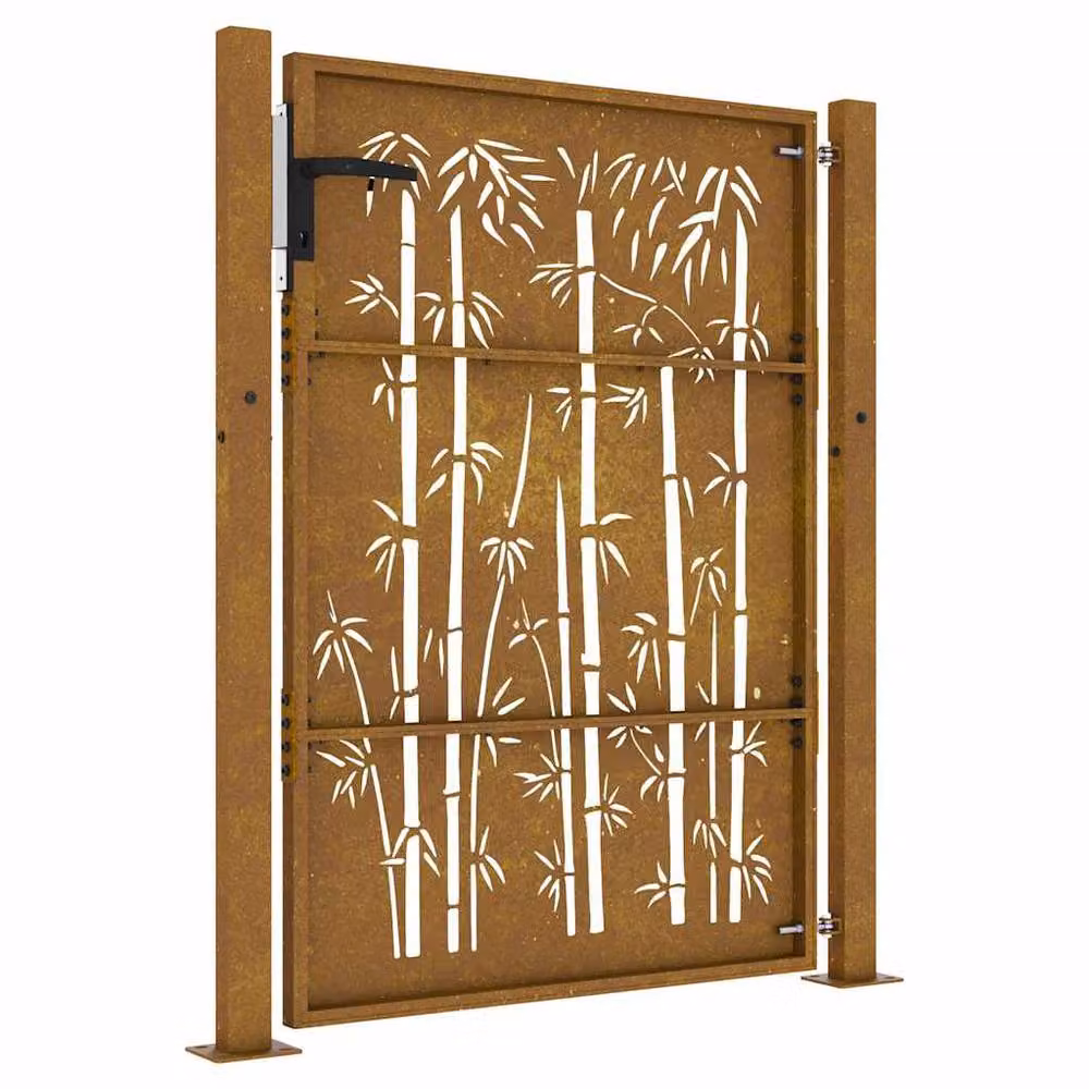 Berkfield Home Garden Gate in Brown Corten Steel with Bamboo Design, W: 105 cm, H: 155 cm – 4