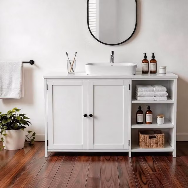 Nordara White Under Sink Bathroom Cabinet with 2 Doors and 3 Shelves, W/D/H: 90 x 30 x 60.5 cm