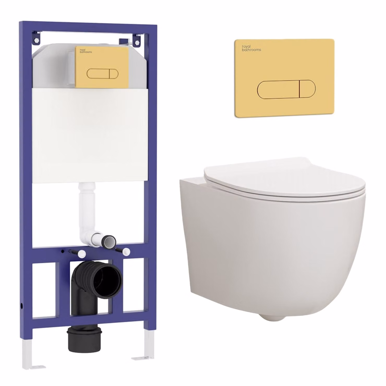 Royal Bathrooms Elva White Ceramic Wall Hung Rimless Toilet with Slim Soft Close Seat and Aqua Brushed Brass Plate Wall Hung Frame