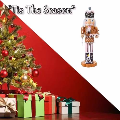 VFM e-Store Wooden Gingerbread Nutcracker Christmas Decoration, Brown and Multicolour, H 39 cm x W 11.2 cm x D 9.15 cm – 6