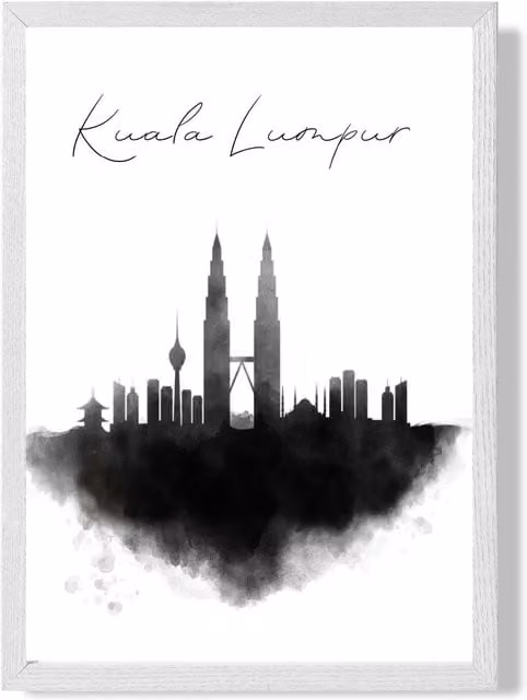 ARTZE Kuala Lumpur Watercolour Skyline City Framed Print, A4, Black and White