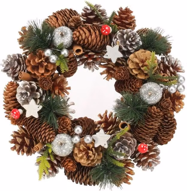 KDMD Woodland Wooden Silver Stars Fruit Wreath in Brown, Diameter: 30 cm – 1
