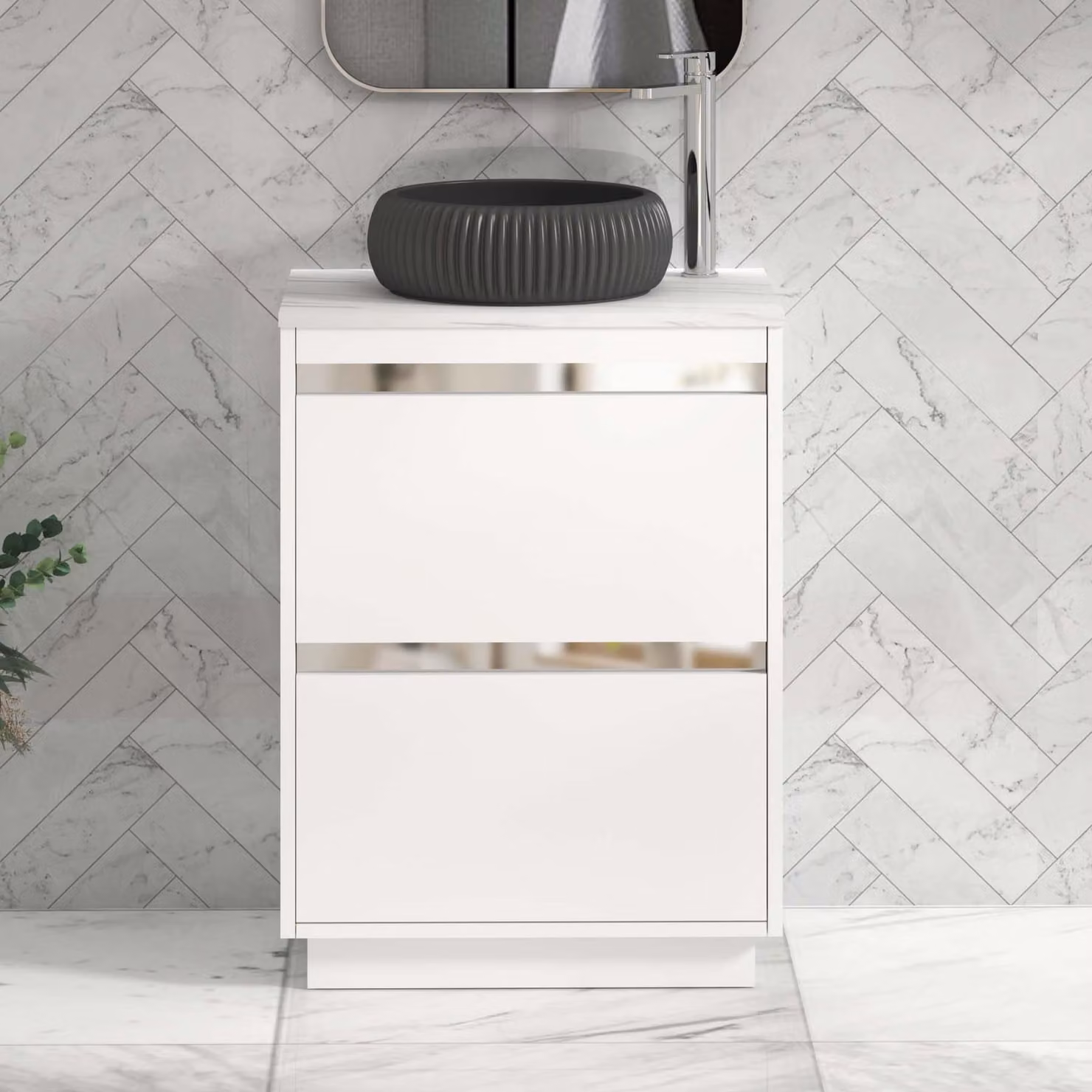 Royal Bathrooms Orion 600mm Matt White Floor Standing 2 Drawer Vanity Unit with Milan Black Basin and Chrome Accent Trim