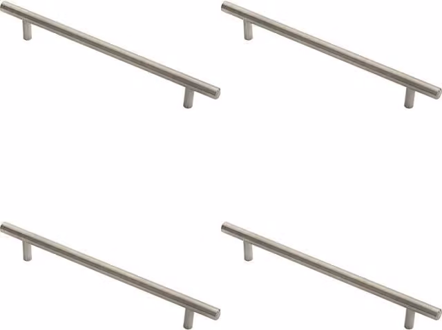 Loops Set of 4 Brushed Stainless Steel Round T Bar Pull Handles, Silver, Fixing Centres: 160 mm, Length: 210 mm, Diameter: 10 mm