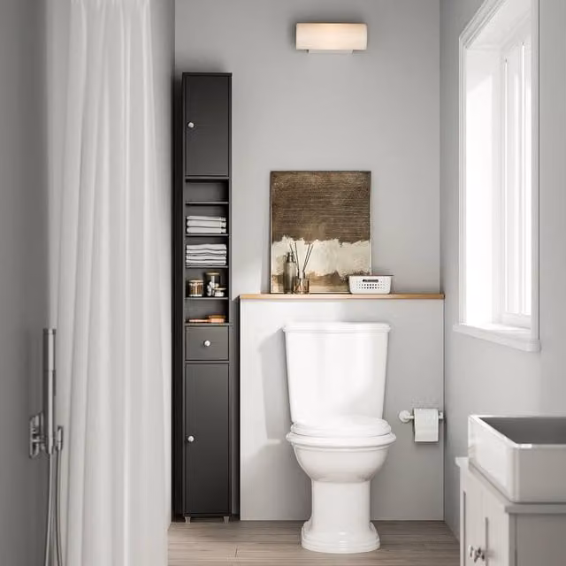 SoBuy Modern Slim Bathroom Tall Cabinet in Anthracite Grey with Soft-Close Hinged Doors and Internal Shelves, Height: 180 cm