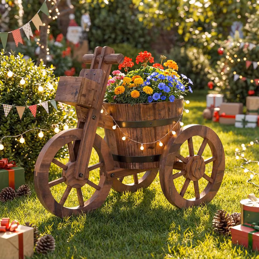 Costway Barrel Tricycle Wooden Planter with Wheels and Drainage Hole, Brown, W: 54.0 cm, D: 29.0 cm, H: 44.0 cm – 9