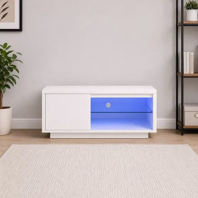 SPOT ON DEALZ Modern White Glossy TV Unit with Door, Storage Shelves and Integrated Lighting, W: 110.0 cm, D: 45.0 cm, H: 45.0 cm – 1