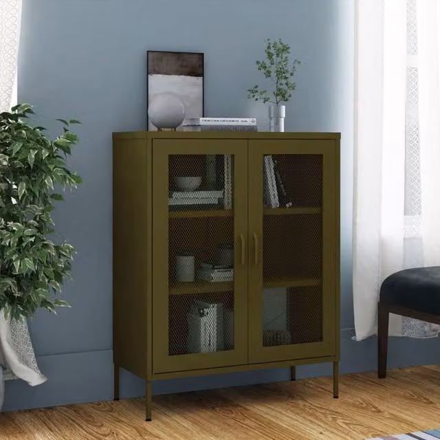 Berkfield Home Industrial Steel Storage Cabinet in Matt Olive Green with Glass Doors, W/D/H: 80 x 35 x 101.5 cm – 1