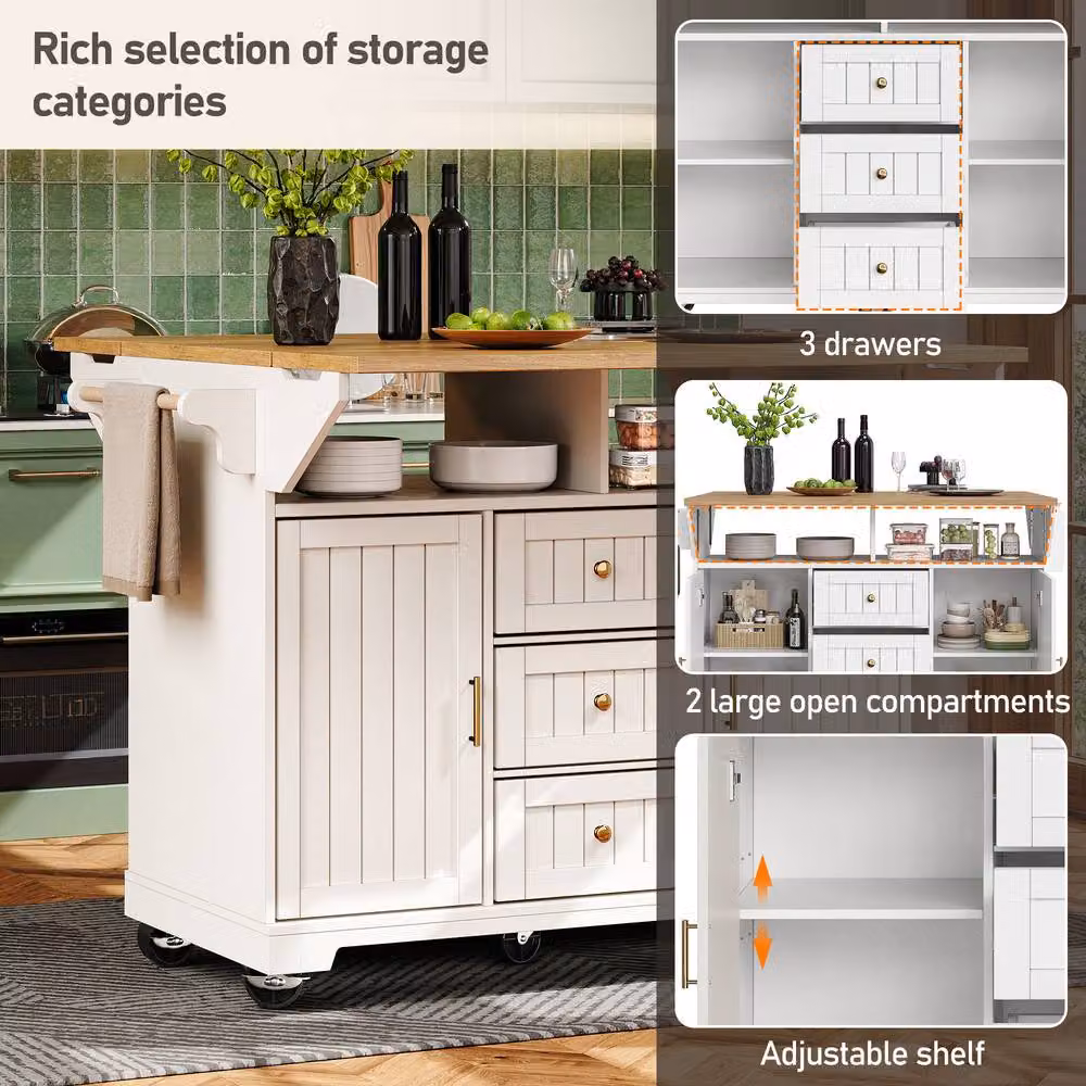 Rolipo Extendable Kitchen Island Trolley with Storage and Casters in White – 3