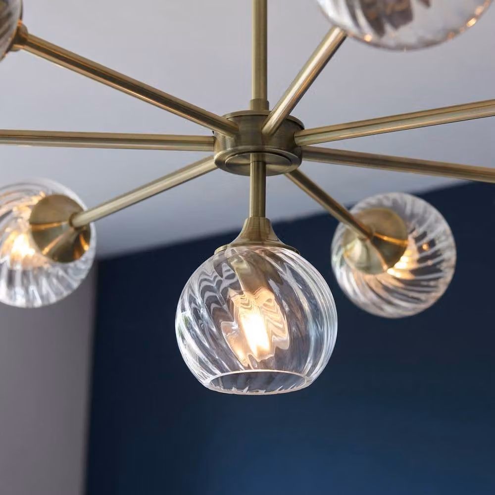 Netlighting Allegra 8 Light Multi Arm Ceiling Pendant with Transparent Glass Shades in Gold and Antique Brass – 4