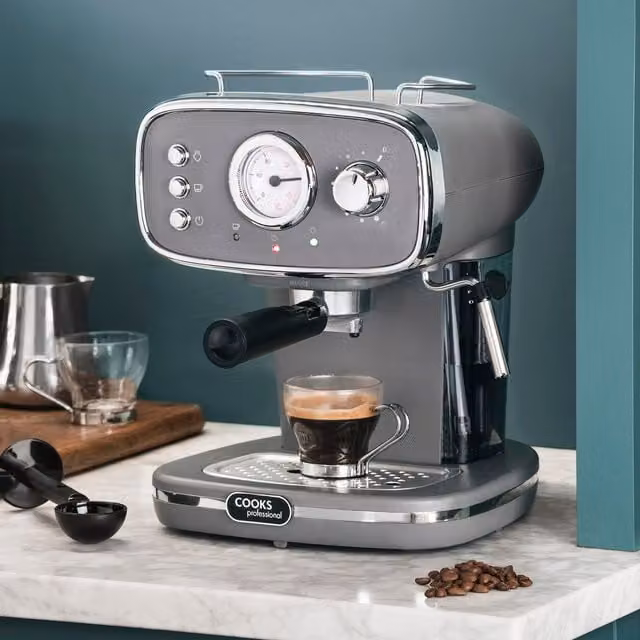 Cooks Professional 15-Bar Retro Espresso Coffee Machine with Steam Wand, 1.2L, Grey