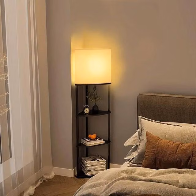 EONLION Modern Black Corner Floor Lamp with Shelves and Adjustable Metal Stand – 1