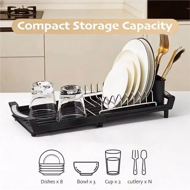 NESTLUNE Black Expandable and Foldable Metal Compact Dish Drying Rack, W: 100 cm, D: 15 cm