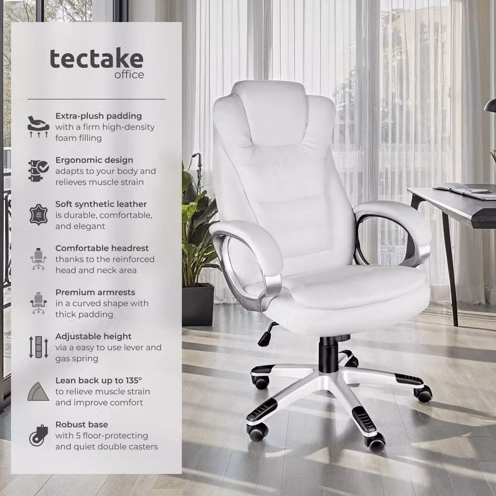 tectake Zulu Executive Office Chair in White Synthetic Leather with Headrest and Weight Adjustment – 2